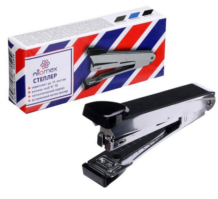 Степлер № 10 до 15л металлический, Attomex, черный с антистеплером