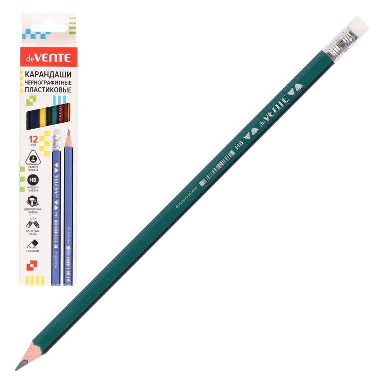 Карандаш ч/г HB пласт. корпус трехгранный deVENTE с ластиком (ассорти)