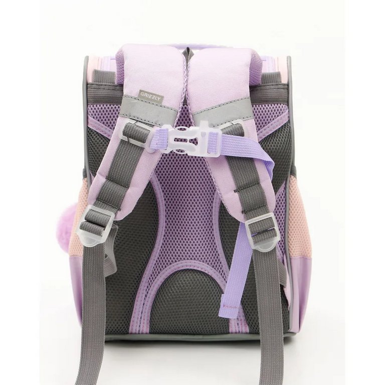 Ранец для девочки Grizzly + сумка д/обуви, 25*33*13см., лаванда/серый