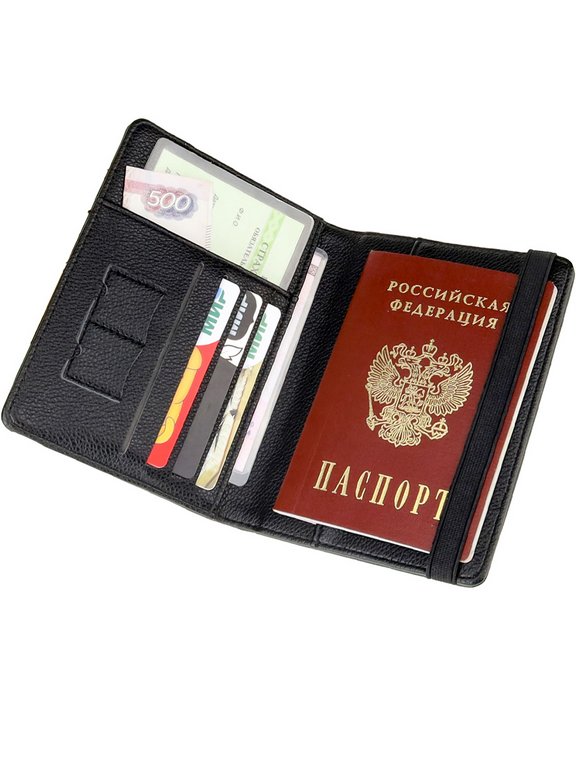 Обложка для паспорта MILAND "Рейс" с отделениями для карт на резинке кожзам, черная