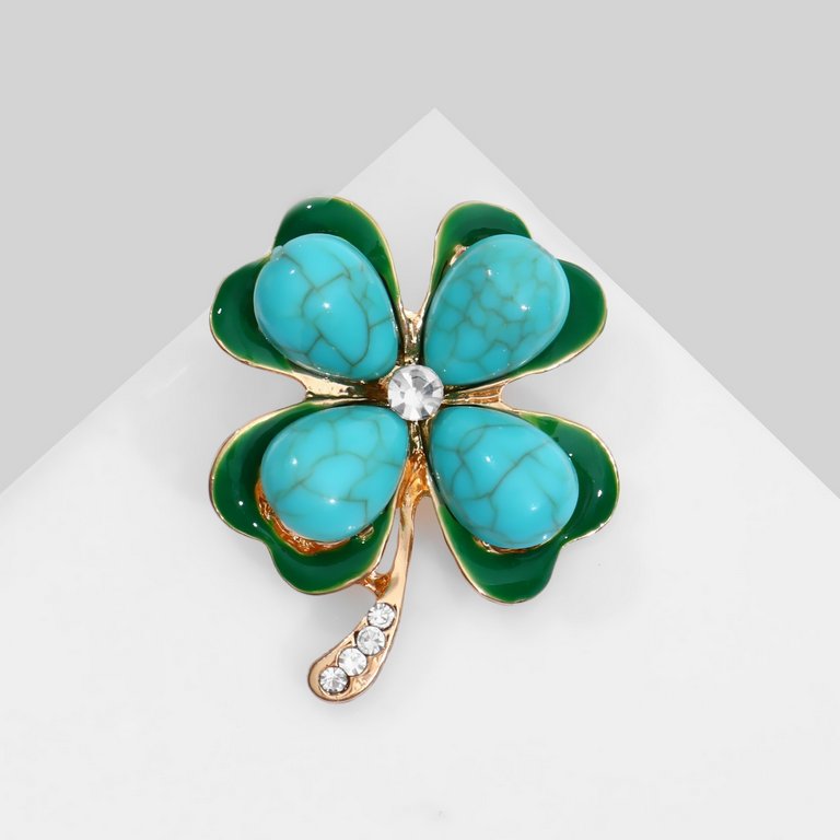 Брошь металл "Клевер" с бирюзой, цветная в золоте