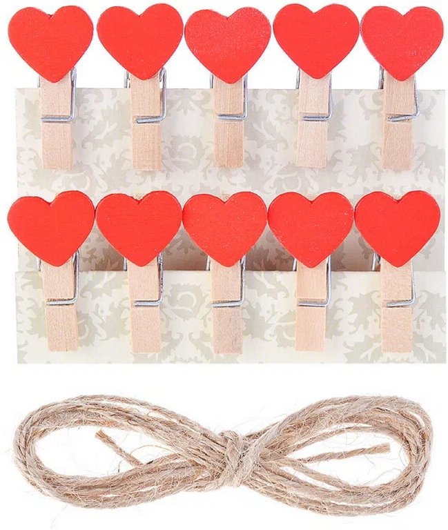 Прищепки деревянные с декором "Сердечко" 35мм (10шт/уп)+ веревка 140 мм