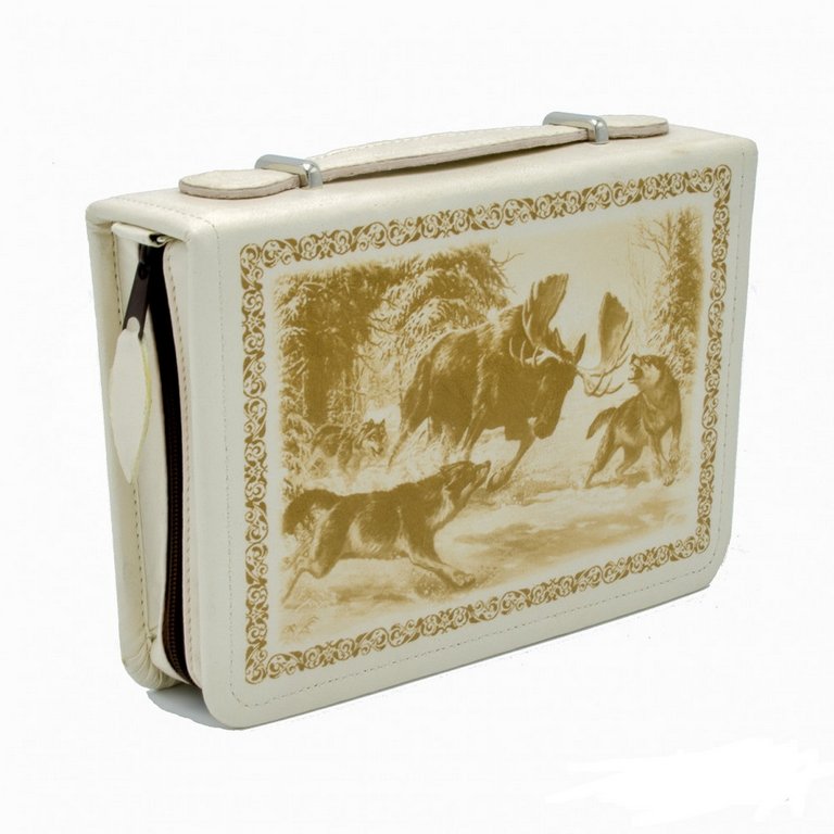 Несессер подарочный "Привал" футляр из кожи с худож. выжиганием, приборы на 2 персоны, бежевый