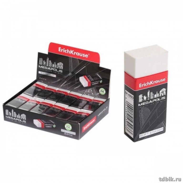 Ластик Erich Krause "Megapolis" 50*22*12 мм в картонном футляре, белый