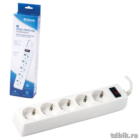 Сетевой фильтр Defender ES (5 розеток) 3м, белый, с авт.предохр.