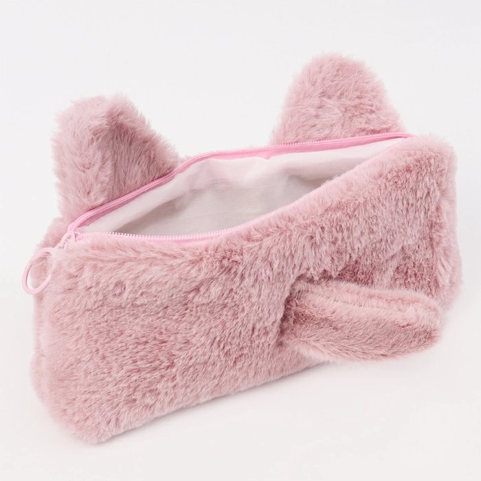 Пенал  для девочки Darvish "Котик" 22,5* 15 см, розовый меховой