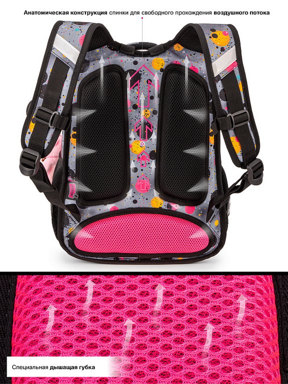 Рюкзак каркасный для девочки SkyName "Котенок в наушниках" (брелок мишка) 37x30x16 см