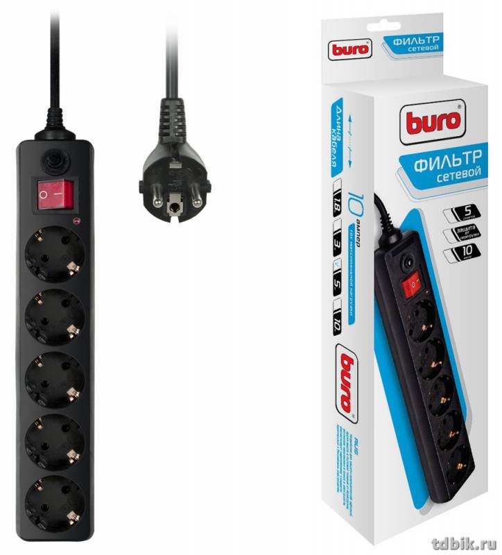 Сетевой фильтр Buro (5 розеток) 5м., черный