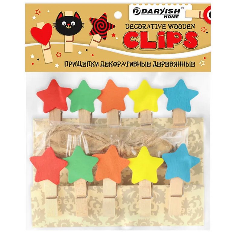 Прищепки деревянные с декором "Звёздочки" 35мм (10шт/уп)+ веревка 140 мм