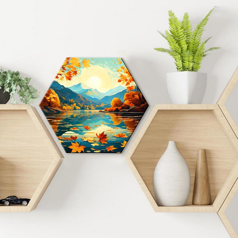 Роспись по номерам (холст) 37*32см Гексагон с поталью "Осенний пейзаж в горах" (осн+акрил.кр.+кисти)