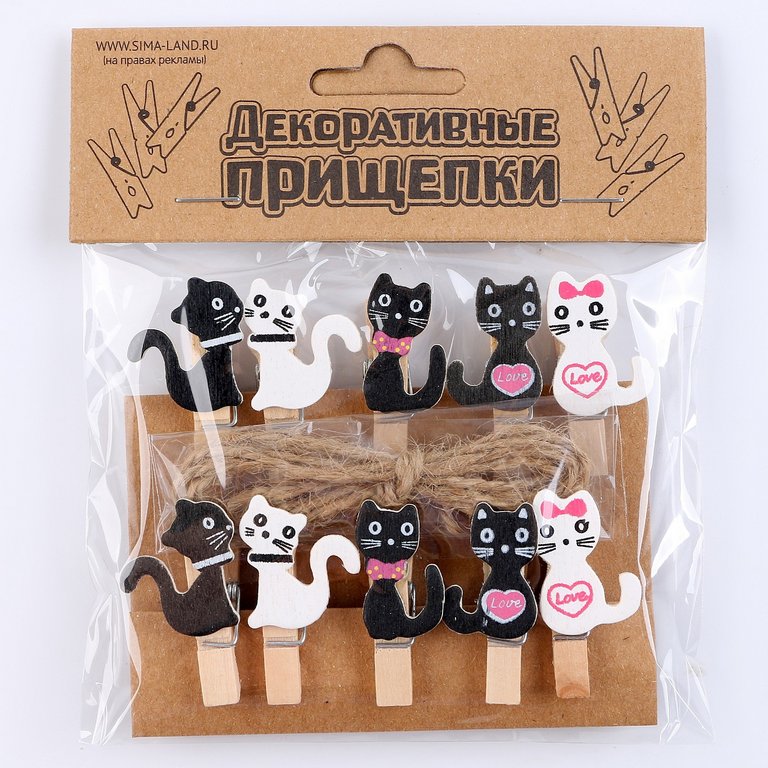 Прищепки деревянные с декором "Кошечки" (10 шт/уп)