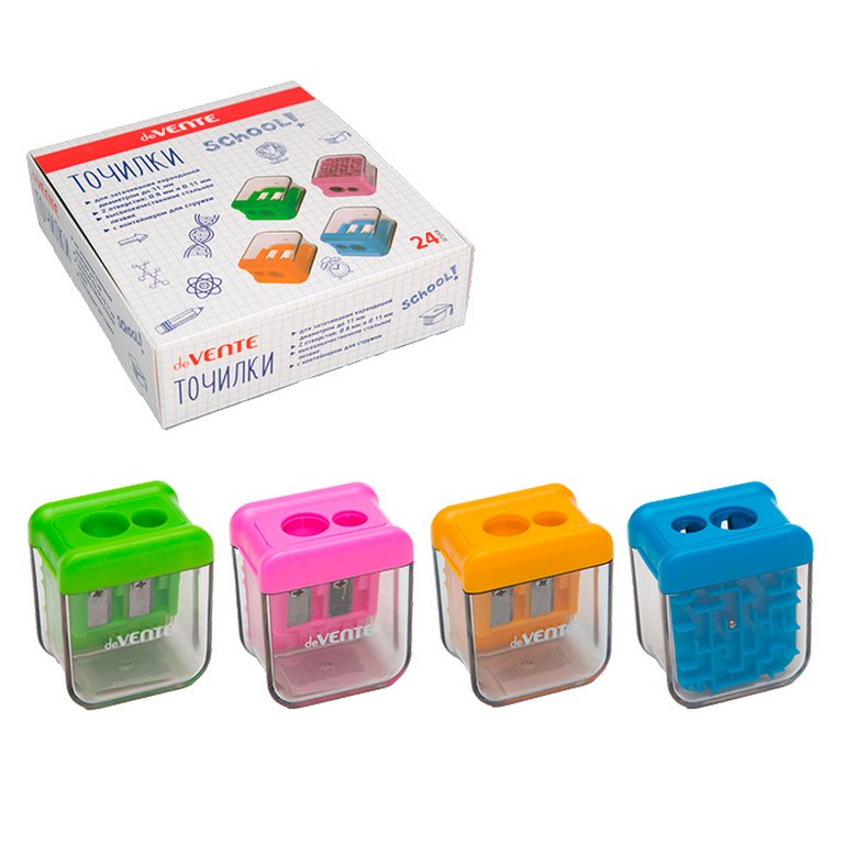 Точилка с контейнером два отверстия deVENTE "School. Labyrinth" 38x25x45 мм, ассорти