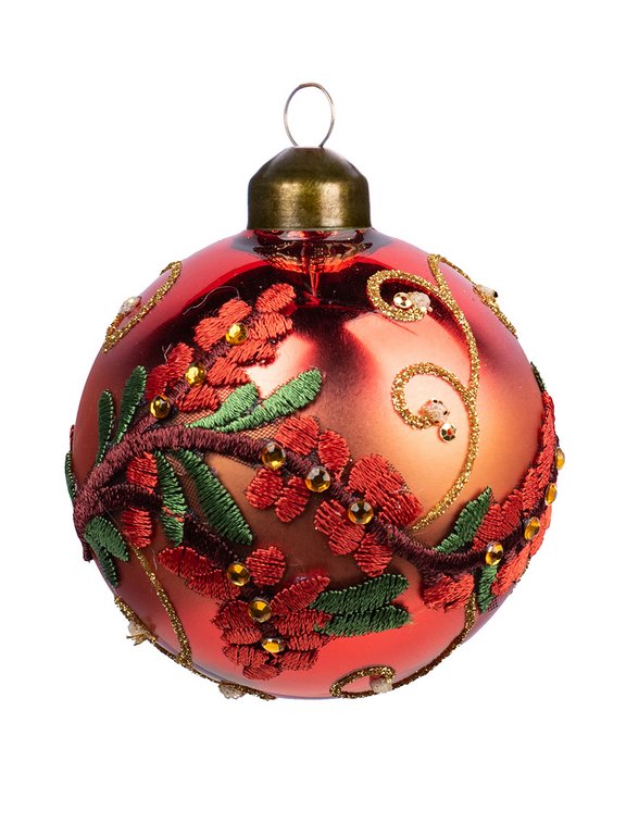 Елочный шар стеклянный  80мм (красный с рисунком) в картонной коробке