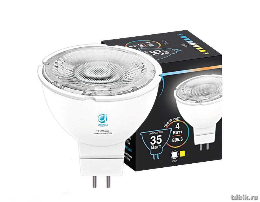 Лампа светодиодная 4Вт GU5.3 4200K, холодный белый свет AMBRELLA (для точечных светильников)