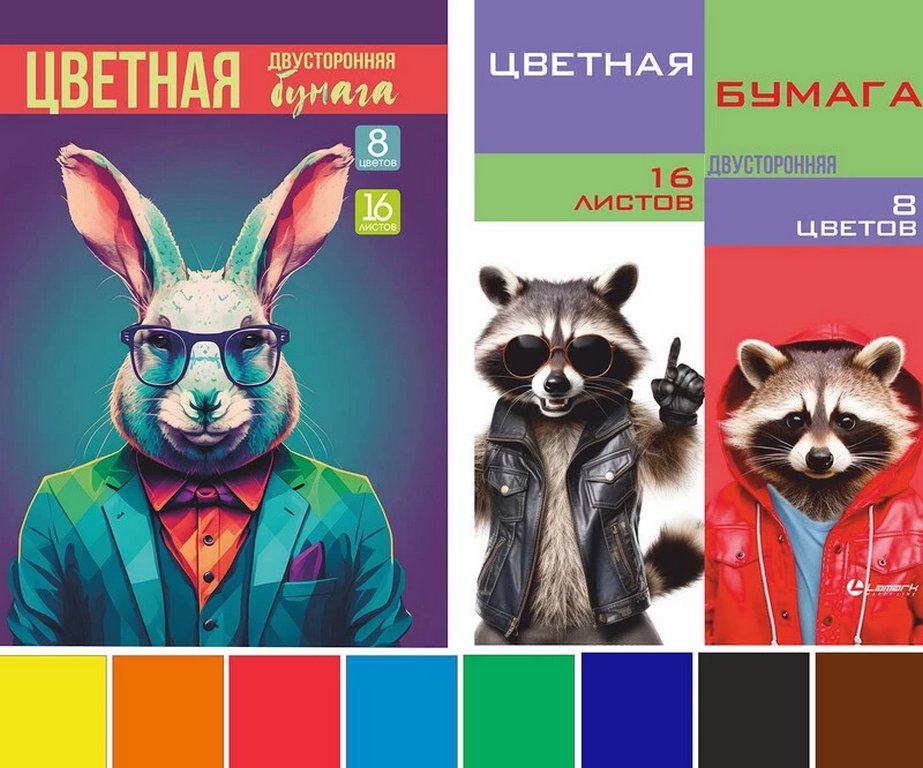 Набор цв. бумаги двухсторонней А4 16 лист 8 цв. "Забавные животные"