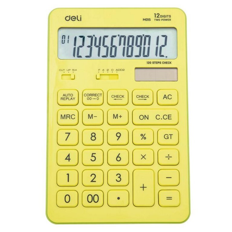 Калькулятор наст. Deli EM01551 (12 разр.) 2 питания, 175x108х15 мм, желтый