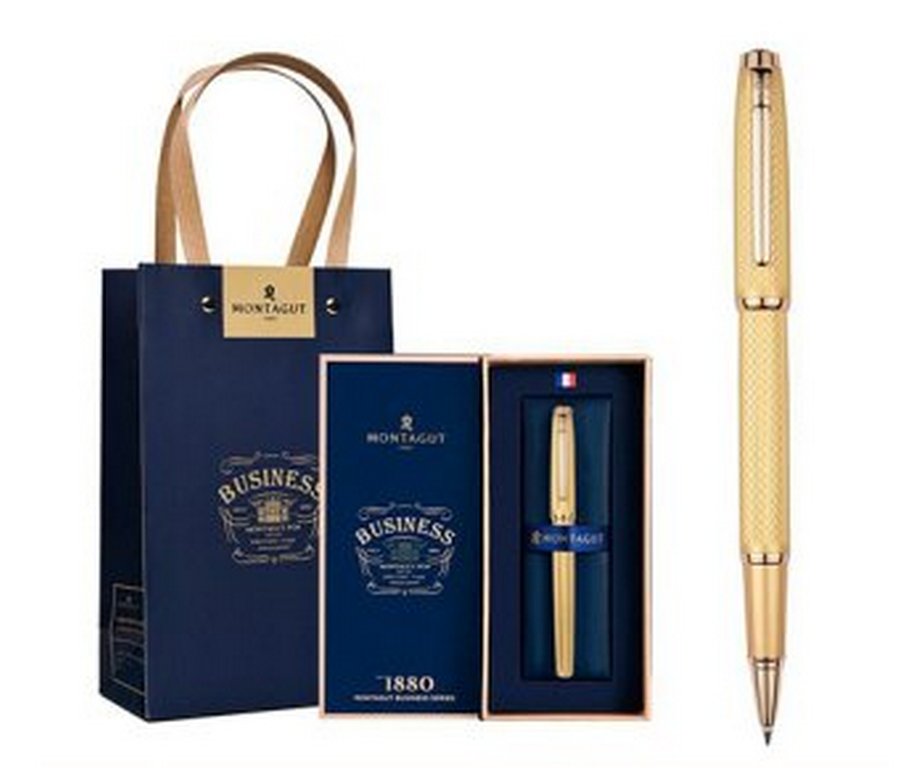 Ручка-роллер Montagut черная 0,5мм, подар.футляр, корпус мет.рифленый золотой