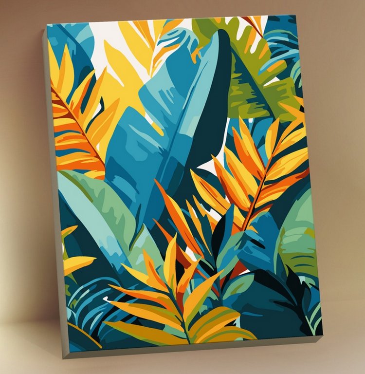 Роспись по номерам (холст) 15*20см с поталью "Тропические листья" (основа, акрил. краски, кисти)