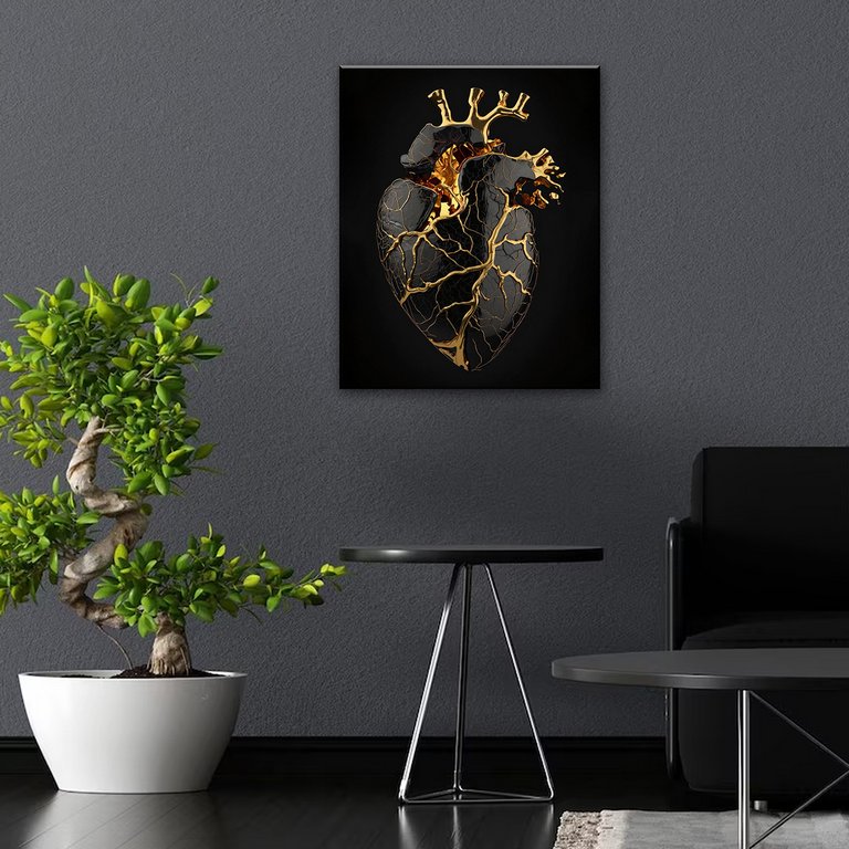 Роспись по номерам (холст) 40*50см черный с поталью "Золотое сердце" (основа+акрил.кр+кисти) 10 цв.