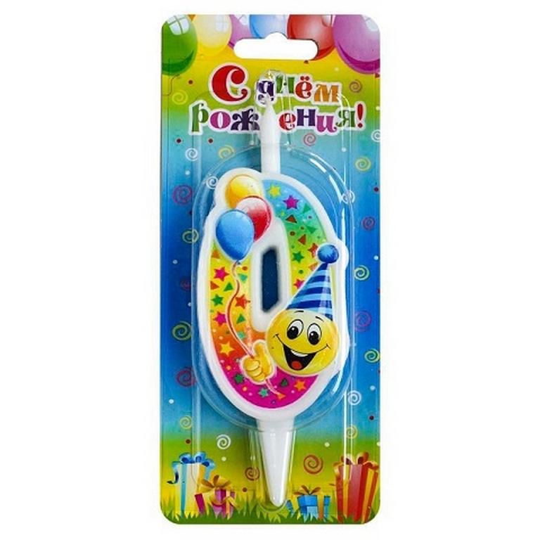 Свеча для торта "Цифра  0" Смайлик с шарами