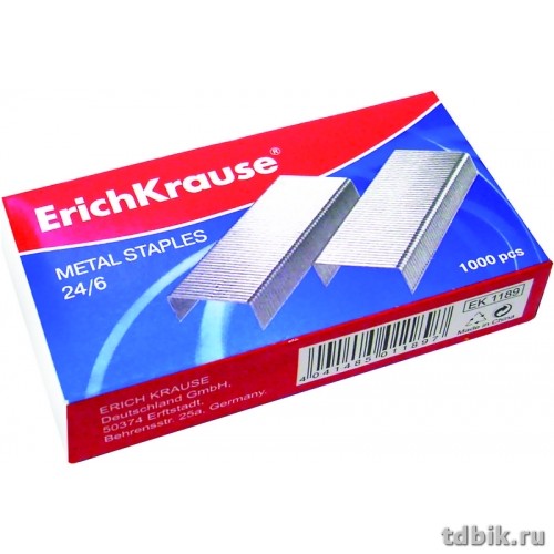 Скобы 24/6 Erich Krause 1000 шт/уп, оцинкованные, до 30 листов