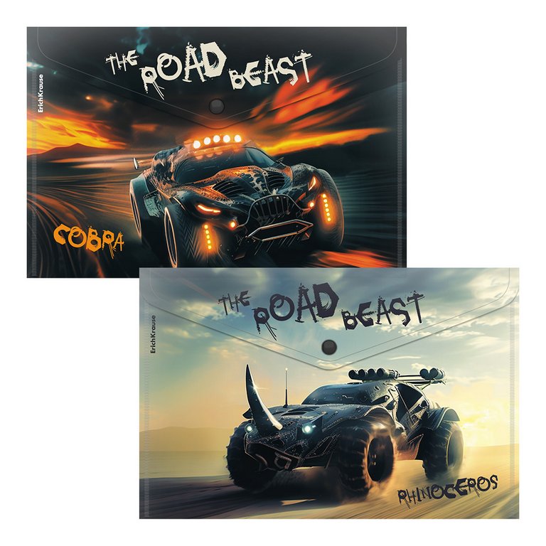 Папка-конверт на кнопке A4 пластик 0,16 мм ErichKrause Road Beast ассорти