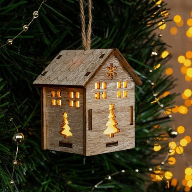 Украшение елочное светящееся "Домик и Елочка" из дерева 7х5х5 см, бат.в комп