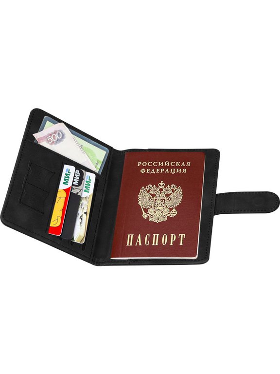 Обложка для паспорта MILAND "Бархат" с отделениями для карт на магните кожзам, черная
