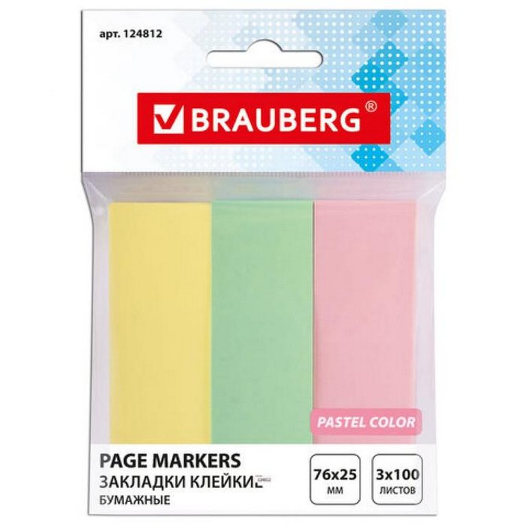 Бумага с клеевым краем  25*76 мм, 300 л., 100 л.*3 пастельных цвета BRAUBERG