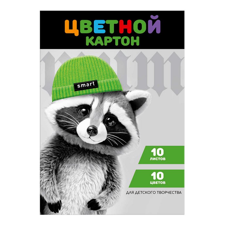 Набор цв. картона А4 10 лист 10 цв. Феникс+ "Енот в шапочке"