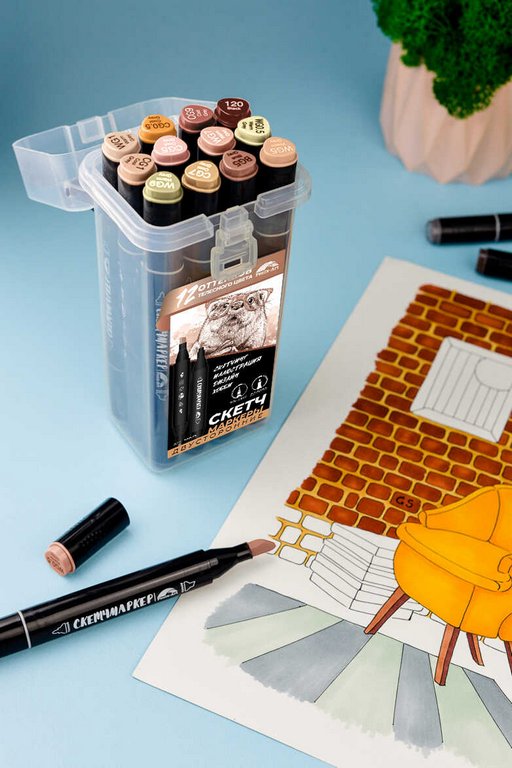 Маркер для скетчинга  12шт/уп Феникс+ КАЛАН двусторонние в пласт. пенале