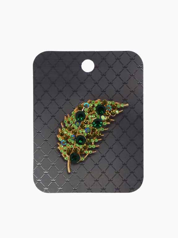 Брошь металл "Листочек" зелёная в золоте