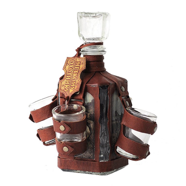 Графин в футляре из натуральной кожи "Макей" Меткому охотнику, коричневый