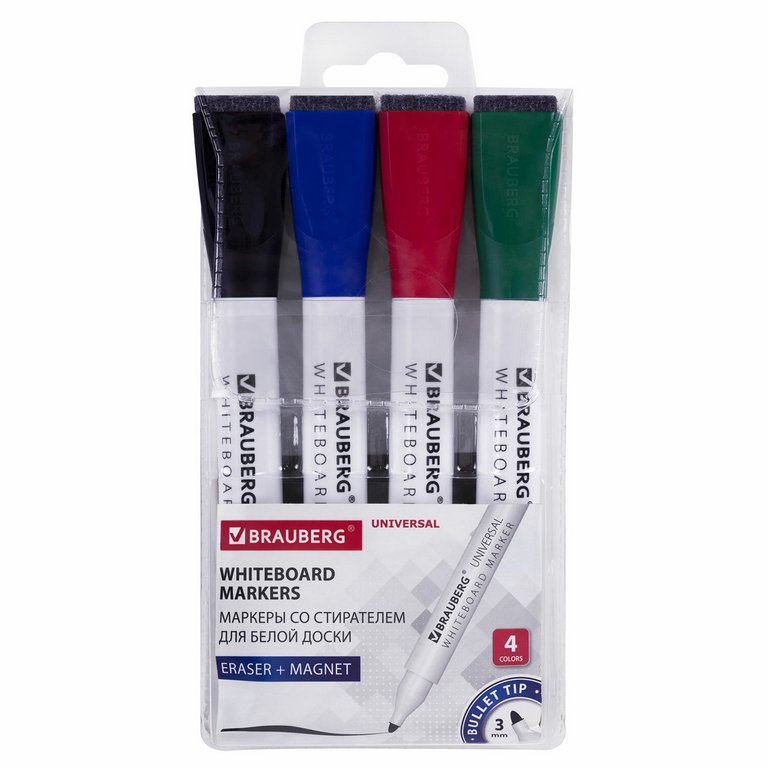 Набор маркеров для доски  4шт Brauberg 3мм круглые на магните (спиртовые)
