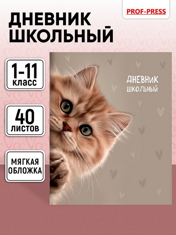 Дневник школьный мягкая обложка, на скобе "Забавный котик" 40л.