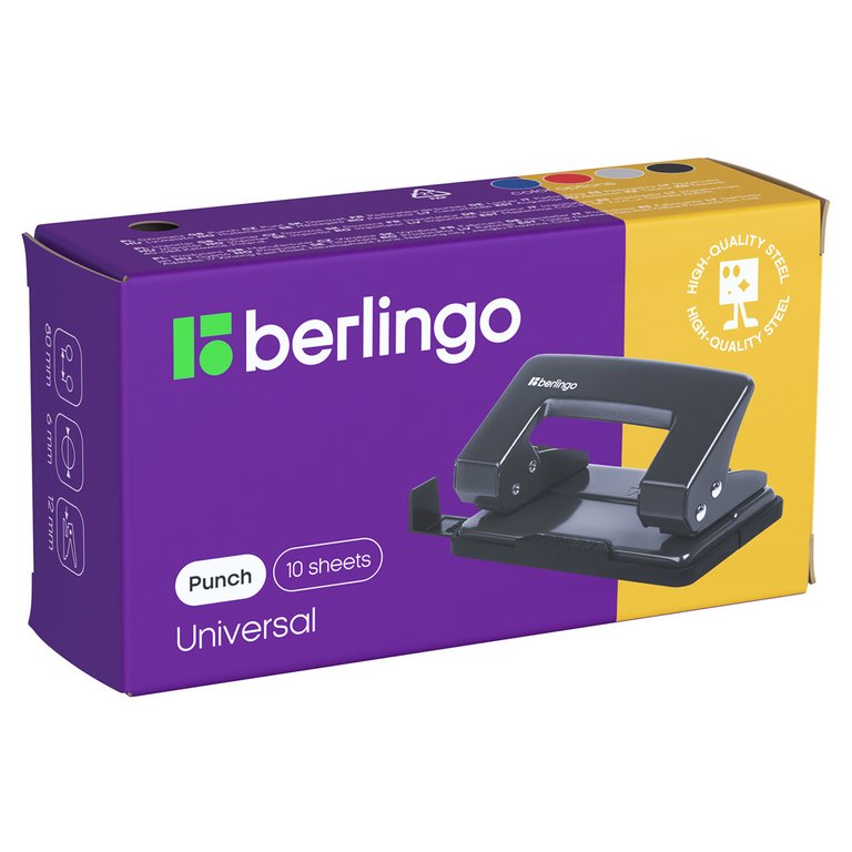 Дырокол до 10л метал. Berlingo "Universal" с линейкой, черный