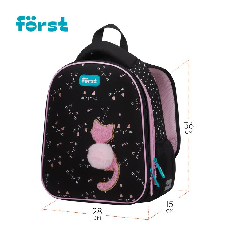 Рюкзак каркасный для девочки Forst F-Top "Kitty" 28*36*15 см черный/розовый, облегченный
