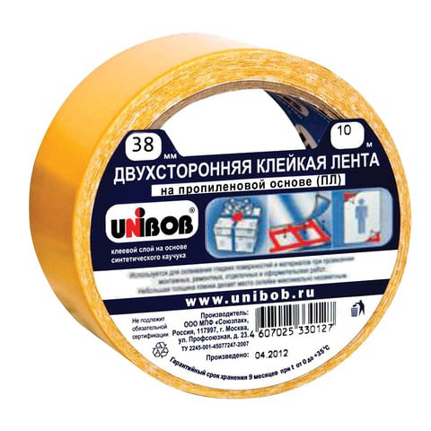 Скотч двухсторонний (полипроп. основа) 38 мм*10 м, UNIBOB