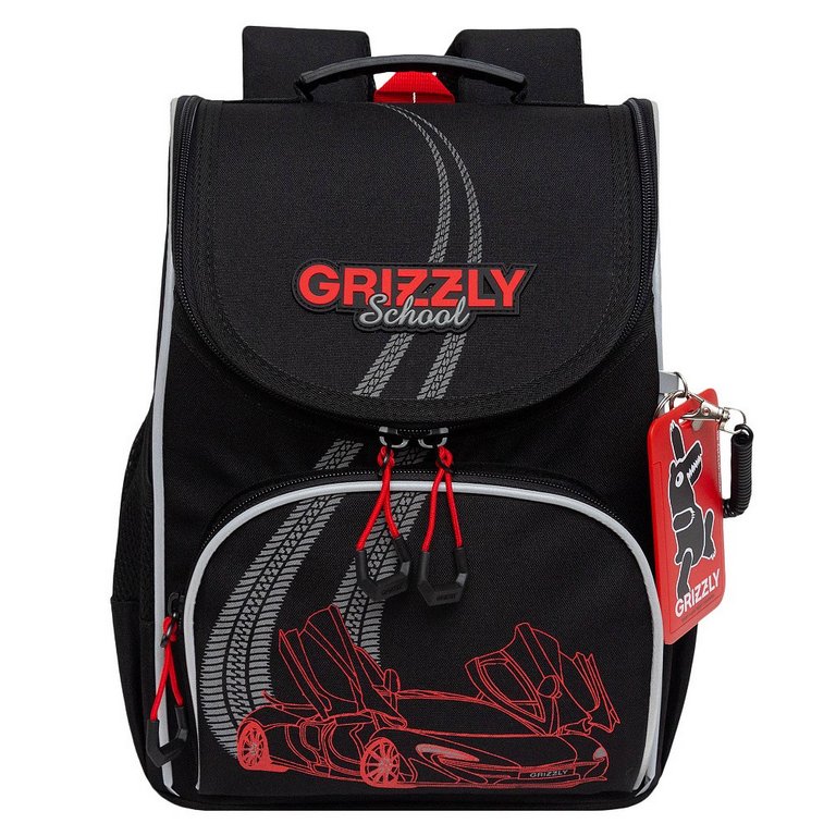Ранец для мальчика Grizzly + сумка д/обуви, 25*33*13см., черный/красный