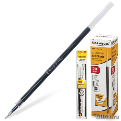 Стержень гелевый 130мм Brauberg черный 0,5мм (линия 0,35мм) игольчатый