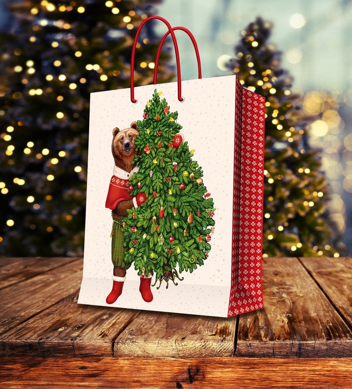 Пакет бумажный НГ 33*46см ламиниров. "Мишка держит елку"