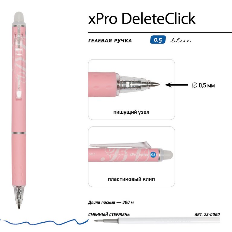 Ручка пиши-стирай автомат гелевая Bruno Visconti "DeleteClick xPro. Zefir" синяя 0,5мм