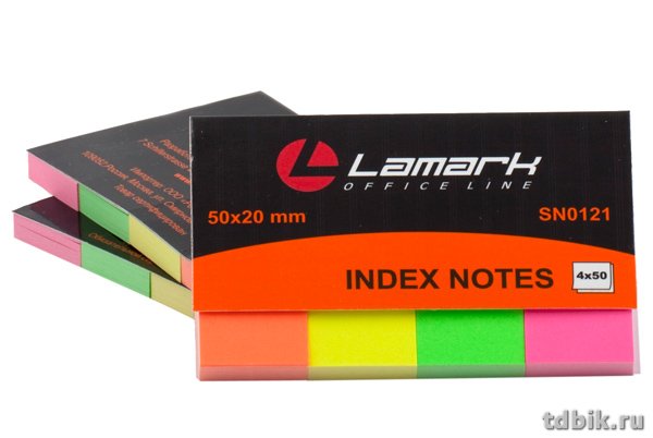 Бумага с клеевым краем  20*50 мм, 200л. 4 цв., закладка, неон (бумажные) Lamark