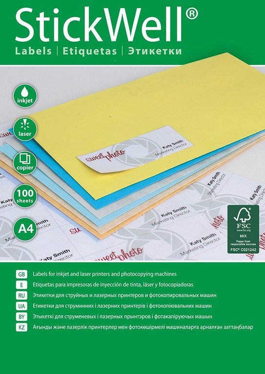 Этикетки самоклеящиеся А4 190*61, 4 этикетки, прямоуг. края, белые,  StickWell