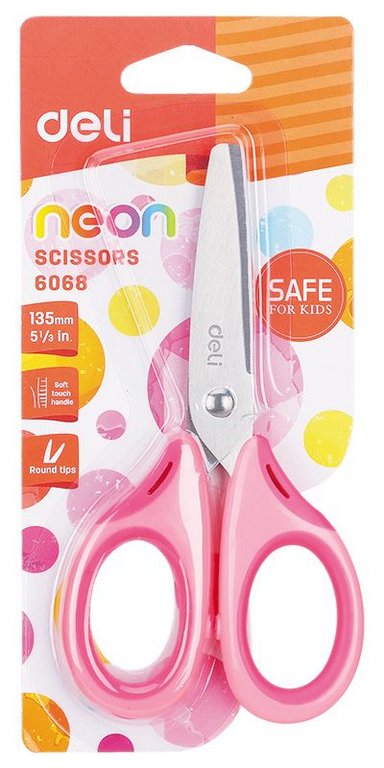 Ножницы 135 мм детские закругленные лезвия, рукоятка с резин. встав. Deli Neon, ассорти