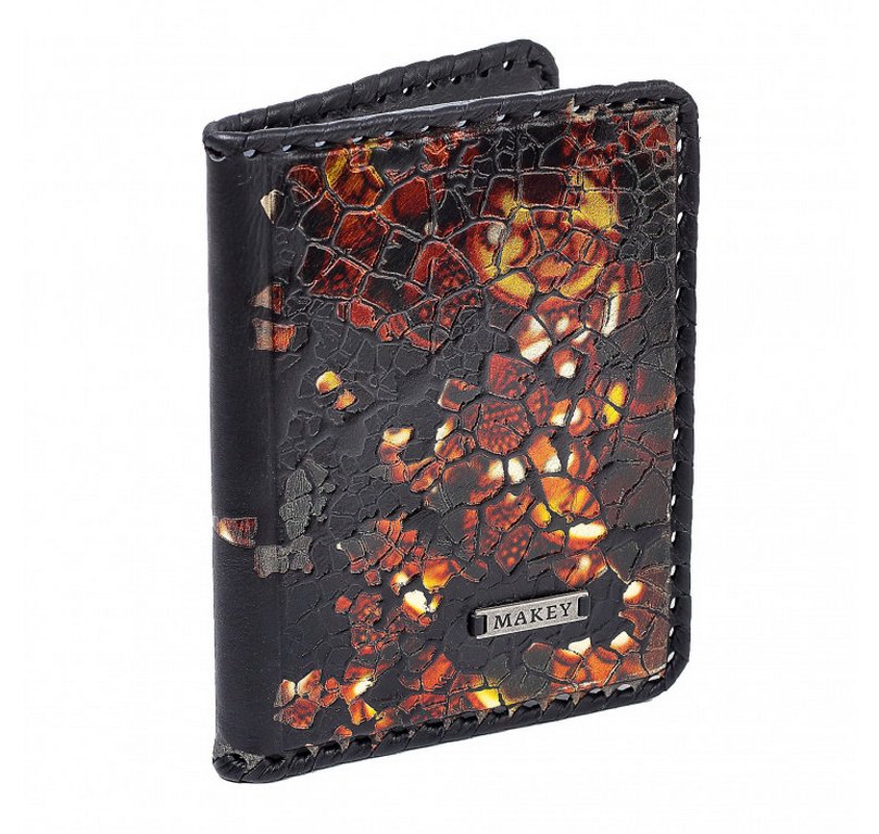 Бумажник для автодокументов Макей, нат. кожа, цвет коричневый с худ. росписью, черный