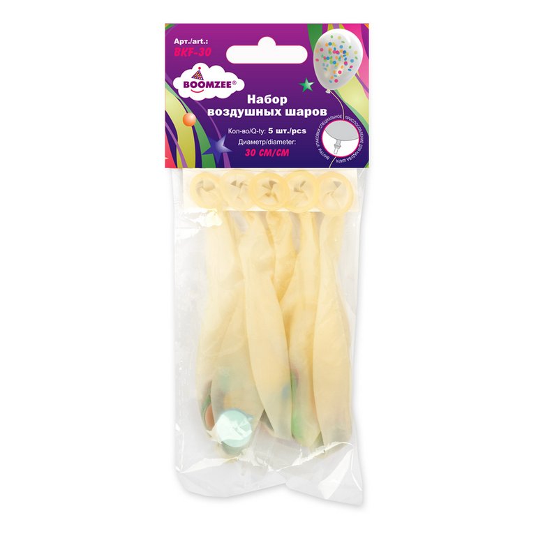 Набор шаров воздушных 12 дюймов (30см)  без рисунка  с конфетти (5 шт/уп) BOOMZEE