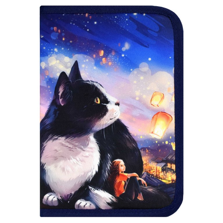 Пенал 1 отд. 2 откид. планки для девочки Феникс+ "Кот с фонариками" 13.3x20x3.5 см, полиэстер