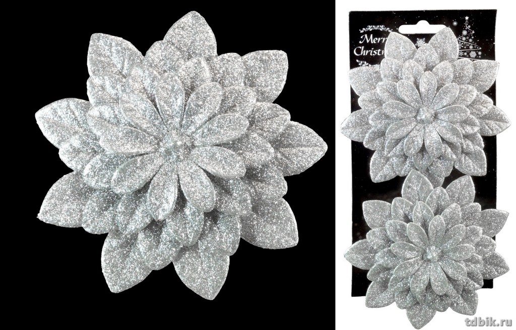 Украшение новогоднее на клипсе "Цветок" цв. серебро, 11см, 2шт/уп
