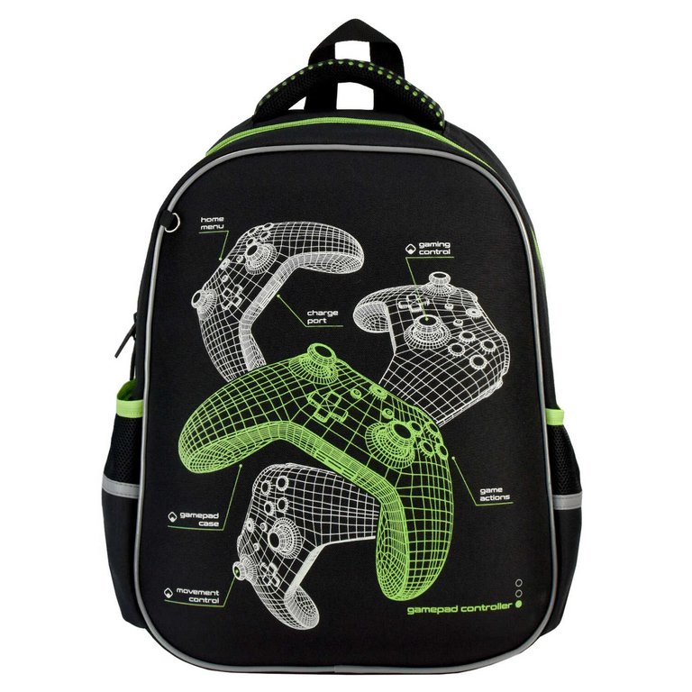 Рюкзак каркасный для мальчика Феникс+ "ДЖОЙСТИКИ" 27,5*37,5*14,5 см, черный/зеленый